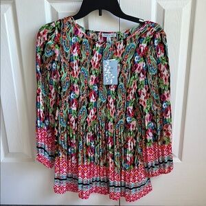Pink and Green Pleated Boho Blouse with 3/4 Sleeves NWT